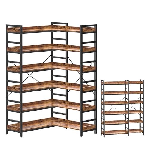 HCHQHS Adjustable Book Shelf with 8 Hooks, Reversible Corner Bookshelf, Industrial Wooden and Metal Bookcase for Living Room, Bedroom, Home Office (Rustic Brown, 6 Tier) - color: Rustic Brown, size: 6-Tier (47"W x 70"H, L-Shape)