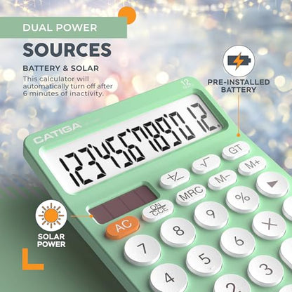 CATIGA 12 Digit Desktop Calculator Basic Desk Calculator with Large LCD Display, Big Buttons, 4 Function, Solar and Battery Dual Power, for Office, School, Home, SD-1292 Mint - color: 5.3) Mint