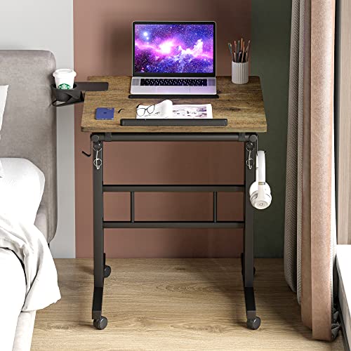 Klvied Small Standing Desk with Cup Holder, Height Adjustable Mobile Laptop Stand on Wheels, Ergonomic Rolling Computer Workstation for Home Office, Portable Overbed Table for Couch & Bed, Oak - color: Oak