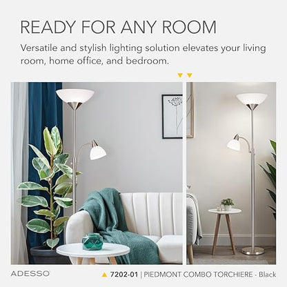 Adesso Floor Lamp, Black, Dual-Socket with Adjustable Reading Light, 71” - color: Black