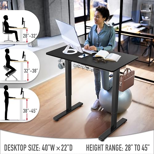 SHW 40 x 22 Electric Height Adjustable Sit to Stand Desk, Black | with Hanging Hooks and Cable Management, Black Frame and Black Top - color: Black, size: 40-Inch