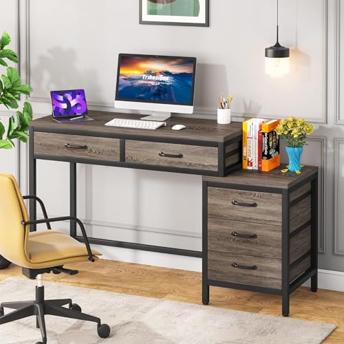 Tribesigns Computer Desk with 5 Drawers, Reversible Home Office Desks - color: Grey