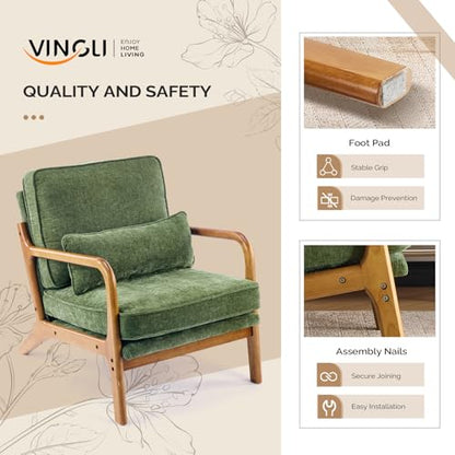 VINGLI Chenille Mid-Century Modern Accent Chair Set of 2, Cute Reading Arm Chair with Cushion & Lumbar Pillow & Solid Wood Frame for Lounge, Living Room, Reading Room, Bedroom, Olive-Green - color: Olive-green