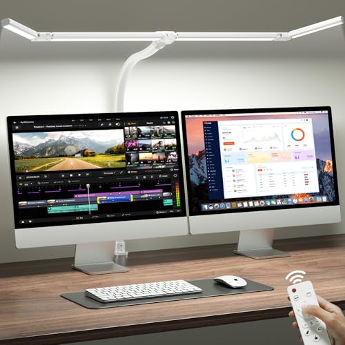 ONEMIX 42" LED Desk Lamp with Clamp, Architect Desk Light with Remote, Adjustable 4-Segment Bar, 1800LM Bright, Eye-Caring Desk Lamp for Home Office, Reading, Study, Dual Monitors, Workbench (White)