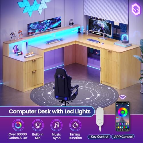 SEDETA 66" Modern L Shaped Desk with Drawers, Fluted Home Office Desk with File Cabinet and Printer Shelf, Wood Executive Desk with Monitor Stand, Power Outlets, Led Lights, Oak - color: Oak, size: L Shaped Desk