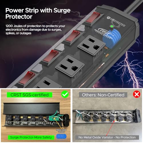 CRST 6-Outlet Metal Power Strip with Individual Switches, 15A/1875W, 15FT - color: Black, size: 15FT
