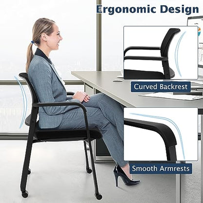 COSTWAY Stackable Office Guest Chairs Set of 4 with Wheels and Armrests | Conference Room Chairs with Mesh Backrest and Upholstered Seat, Ergonomic Waiting Room Chairs for Office Home Reception Area - size: 4 Pack, style: with Wheels