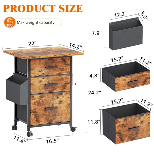 Mexin 3 Drawer File Cabinet with 22'' Extended Desktop, Mobile Filing Cabinet, Printer Stand, Rolling Printer Stand with Side Bag, Fabric Drawer, Fits A4 Size, Home Office,Rustic Brown - color: Rustic Brown