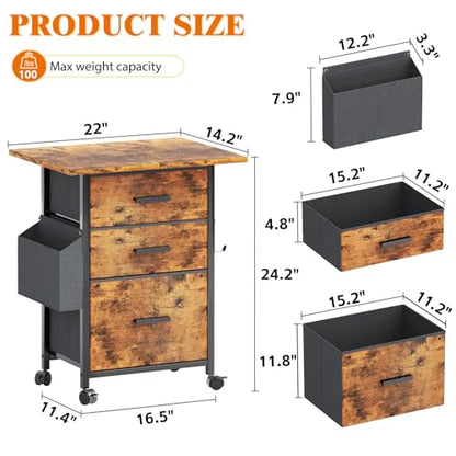 Mexin 3 Drawer File Cabinet with 22'' Extended Desktop, Mobile Filing Cabinet, Printer Stand, Rolling Printer Stand with Side Bag, Fabric Drawer, Fits A4 Size, Home Office,Rustic Brown - color: Rustic Brown