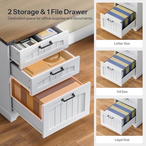 HOOBRO Farmhouse L Shaped Computer Desk, Computer Desk with Power Outlets, 59" Corner Office Desk with Filing Cabinet & Adjustable Shelves, for Home Office, Study, White and Walnut WH150UDN01