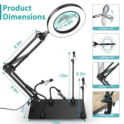 Helping Hands Soldering Station, 12X Magnifying Glass with Light and stand with 4 Magnetic Third Hand Soldering Tool, PCB Holder Magnifier Desk Lamp for Soldering Repairing Jewelry Crafts