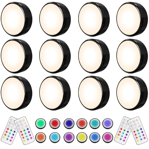 HELPLEX LED Puck Lights with Remote, 12 Pack Color Changing RGBW Stick-On Light, Battery Powered, Dimmable Under Cabinet Lighting with Timer & Memory, Wireless Push Lights for Kitchen & Closet, Black - color: Black, size: 12 Pack