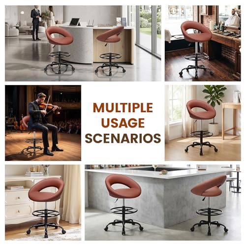 Rolling Bar Stool with Back & Footrest, Office Drafting Chair | PU Leather Chair with Wheels, Swivel Tall Counter Height Stool for Kitchen Island Salon Vanity Standing Desk, Brown, 2 Pack - color: Brown, size: 2 Pack