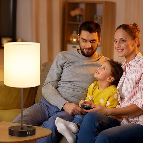 Lynnoland 2 Pack Touch Control Table Lamps with 2 USB & AC Outlet, 3-Way Dimmable Bedside Nightstand Lamps for Bedroom Living Room Nursery, 800 Lumens 3000K Warmlight Bulbs Included - color: White & Oil-Rubbed Bronze