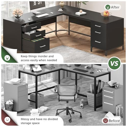 TVU 59’‘ L Shaped Desk with 6 Wood Drawers, Large Home Office Corner Computer Desk with Storage File Cabinet, Modern Metal Wood Desk for Executive Writing Study Workstation, Black