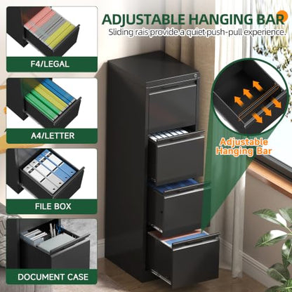 4 Drawer File Cabinet with Lock, Filing Cabinets for Home Office - color: Black, size: 4 Drawer - Vertical