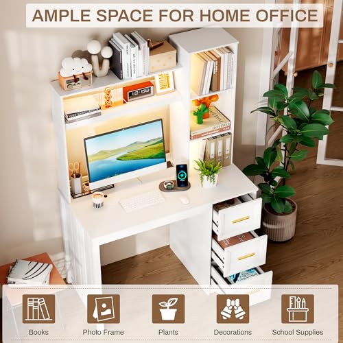 40” Home Office Desk with Hutch and Drawers, White | Modern Computer Desk with Adjustable LED Light and Charging Station, Storage Shelves, Writing Table for Bedroom Study Room - color: White-1