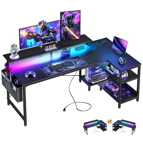 ODK 58 Inch L Shaped Gaming Desk with LED Lights, Power Outlets, Black - size: 58 Inch
