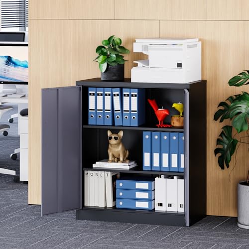 MIIIKO Lockable Storage Cabinet, Small Metal Garage Cabinet with Doors and Shelves, 35.4" Height Base Locker Cabinets 2 Doors - color: Black Gray, style: 36"H