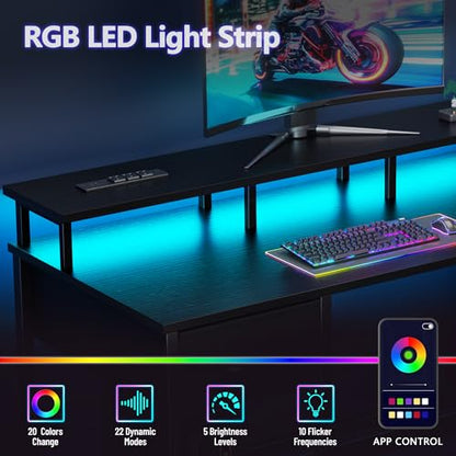 Korfile 47 Inch Gaming Computer Desk with Power Outlets,LED,5 Drawers,Black - color: Black, size: 47 Inch