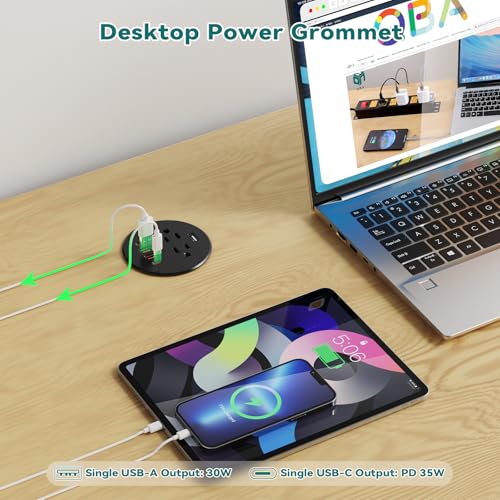 QBA Recessed Power Grommet with USB Data Transfer, Desk Charging Station with USB-C 35W，2 AC Outlets, 3 Inch Flush Mount Power Outlet for Home Office Furniture - color: Black-USB Data Transfer