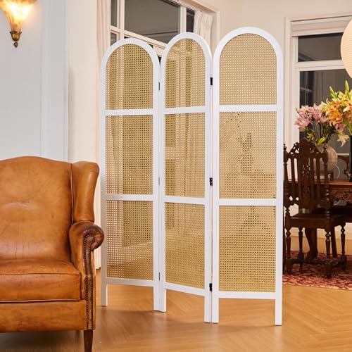 Svimi Room Dividers and Folding Privacy Screens, Pine Wood 5.6 Ft Double Hinged Rattan Partition Freestanding Wall Room Divider for Home - 3 Panels (White) - color: White, size: 3 Panels