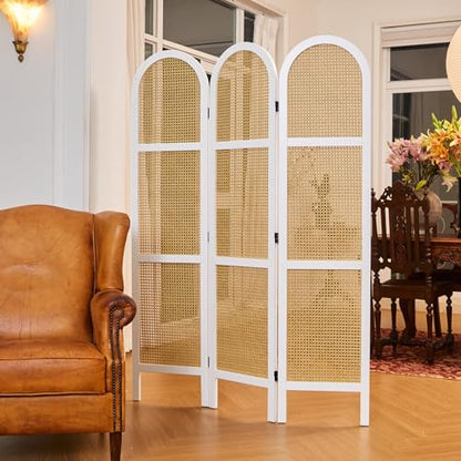 Svimi Room Dividers and Folding Privacy Screens, Pine Wood 5.6 Ft Double Hinged Rattan Partition Freestanding Wall Room Divider for Home - 3 Panels (White) - color: White, size: 3 Panels