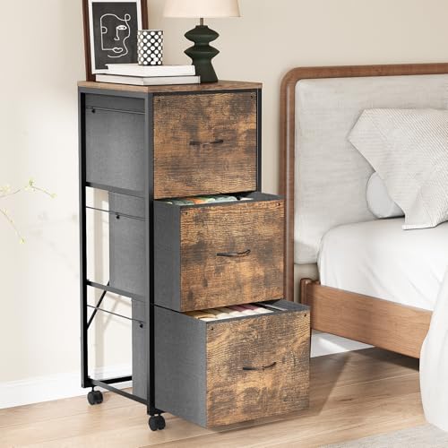 VINGLI 3 Drawer File Cabinet 34.8” Height, Rolling File Cabinet Mobile Tall File Cabinet with Wheels, Fabric Drawers Printer Stand for Home Office, Fits Letter Size, Rustic Brown - color: Rustic Brown, size: High 3 Drawers