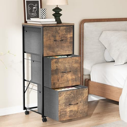VINGLI 3 Drawer File Cabinet 34.8” Height, Rolling File Cabinet Mobile Tall File Cabinet with Wheels, Fabric Drawers Printer Stand for Home Office, Fits Letter Size, Rustic Brown - color: Rustic Brown, size: High 3 Drawers