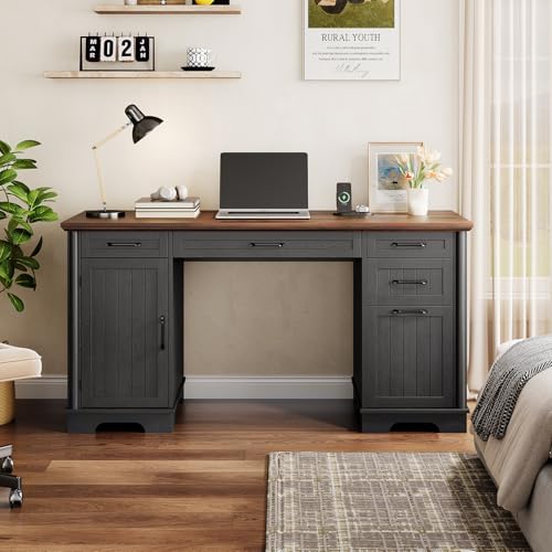 ONBRILL 58" Modern Home Office Desk with 5 Drawers and 1 Cabinet, Black