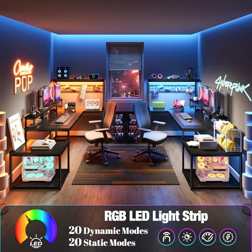 EnHomee 63" L Shaped Gaming Desk with LED Lights & Power Outlets,Black - color: Black, size: 63"W
