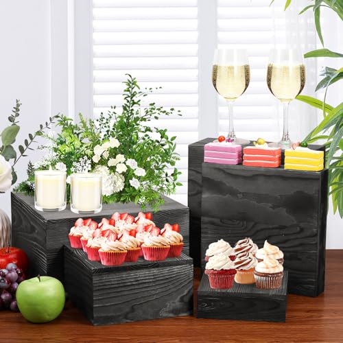 6 Pack Wooden Risers Display Stands Square Food Risers for Buffet Party Rustic Wood Cake & Cupcake Stands Nesting Box Wooden Crates for Display - color: Black