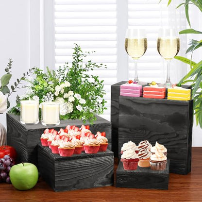 6 Pack Wooden Risers Display Stands Square Food Risers for Buffet Party Rustic Wood Cake & Cupcake Stands Nesting Box Wooden Crates for Display - color: Black