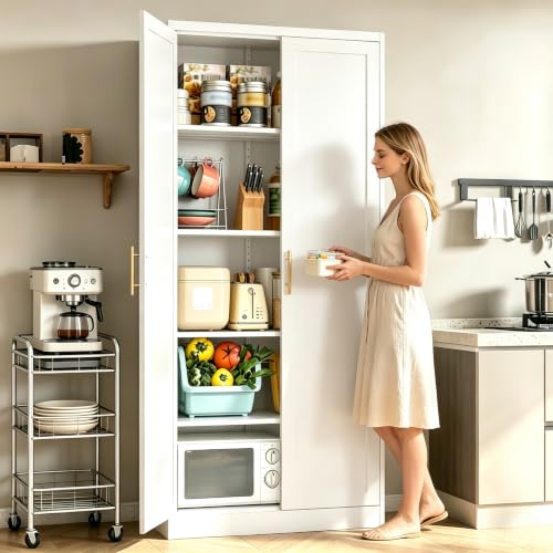 71" H Metal Storage Cabinet, Tall Storage Cabinet with Doors & 4 Adjustable Shelves, White Pantry Cabinet for Kitchen, Dining Room & Living Room - color: White, size: 71" H&4 Shelves