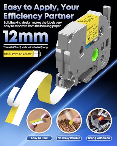 TZe TZ Tape 12mm 0.47 Laminated Yellow TZe-631 Replace for Brother TZE631 | Black on Yellow Label Maker Tape 1/2" P-touch Tape for Brother Ptouch PT-D220 D210 H110 D200 D400 1280 D610BT Refills, 5-Pack - color: Black on Yellow