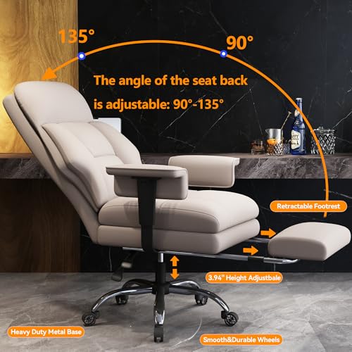 Office Chair with Leg Rest, Leather High Back Executive Office Chair with Wheels, Ergonomic Desk Chairs with Lumbar Support for Home Office, Beige - color: Light Beige