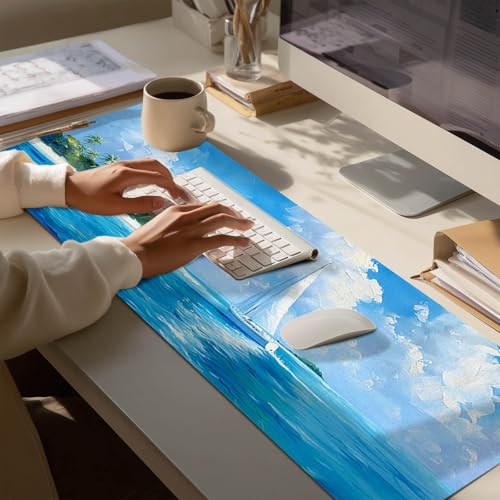 HOMETITUTE Large Mouse Pad 31.5x11.8 Inch Gaming Mousepad Blue Sea Island Art Non-Slip Keyboard Desktop Protector Mat XL Mouse Pad for Home Office Laptop Wireless Mice Accessories - color: Blue Sea Island Art