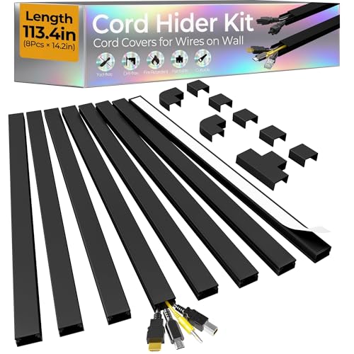 113.4in Cord Hider Kit, Cord Covers for 2-4 Wires on Wall, Self-Adhesive Cable Hider Wire Covers for Cords on Wall, Easy Set-up Cord Hider for Walls Mount Tv, Cable Cover Raceway, W0.95 H0.55in, Black - color: Black, size: 113.4in L x 0.95in W x 0.55in H