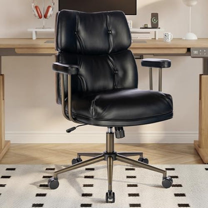 Mid-Century Modern Ergonomic Office Chair, Mid Back & Tufted, Black | Faux Leather Executive Desk Chair, Walnut Bentwood Frame, Tufted Design, Swivel Computer Chair for Home Office, 300LBS Cap - color: Black, size: Mid Back Style