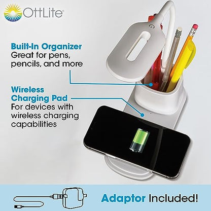 OttLite Organizer LED Desk Lamp with Wireless Charging, White | Natural Daylight LEDs | 3 Color Temperature Modes | Built-In Storage Area | Adjustable Flexible Neck
