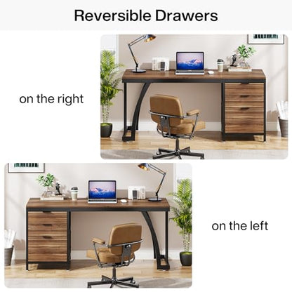 Tribesigns 59 Inch Computer Desk with 3 Drawers, Industrial PC Desk Study Writing Table Workstation with File Storage, Home Office Desks with Large Desktop and Metal Frame (Walnut) - color: Walnut