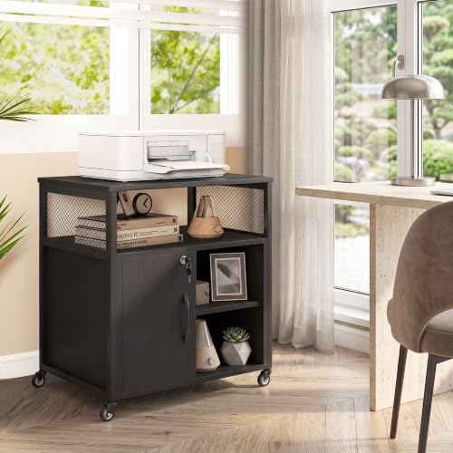 Rolling File Cabinet, Printer Stand with Charging Station (Black) | Mobile Lateral Filing Cabinet | Adjustable Shelf & Metal Frame | Lockable Wheels | For Home Office & Small Space - color: Black