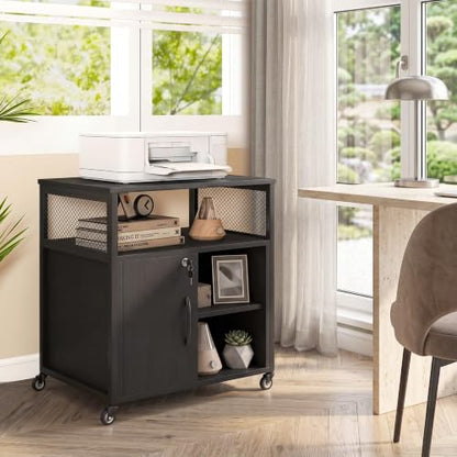 Rolling File Cabinet, Printer Stand with Charging Station (Black) | Mobile Lateral Filing Cabinet | Adjustable Shelf & Metal Frame | Lockable Wheels | For Home Office & Small Space - color: Black