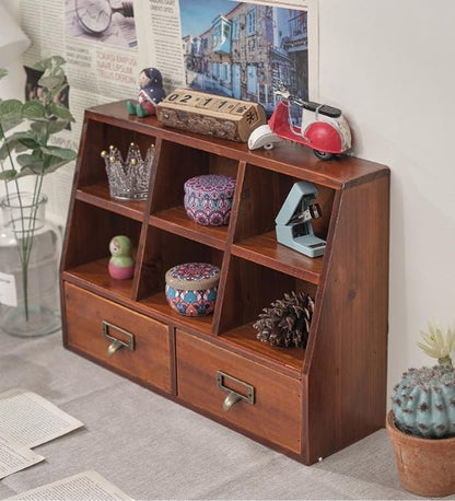 Xiaooooyez Wooden Desktop Organizer, 6 Compartments and 2 Drawers, 15.7 x 4.5 x 11 inches, Mahogany Wood Storage Cabinet