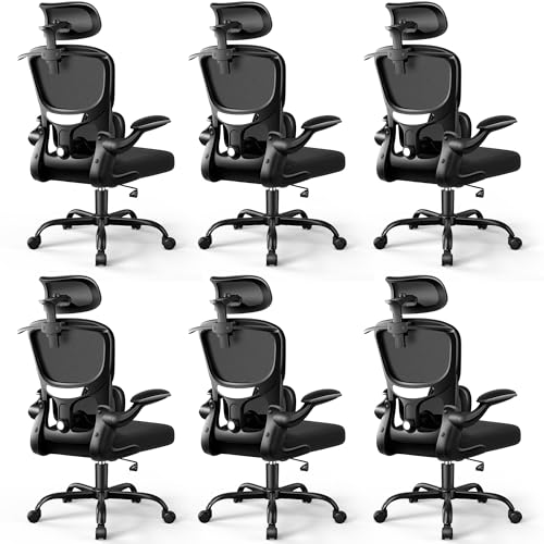 ALLGOD Ergonomic Office Chair, Mesh Home Desk Chair with Lumbar Support | Comfortable Computer Gaming Chair with 90° Flip-Up Armrests, Adjustabel Headrest, 45° Rocking Function, 300 LBS Black-6 Pack - color: Black(hot), size: 6 Pack