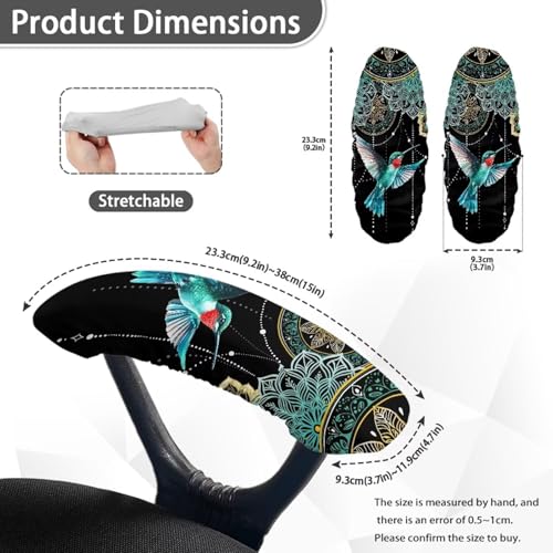 Hummingbird Print Computer Chair Armrest Covers, Boho Pattern Print Office Chair Slipcovers Set of 2, Removable Soft Armrest Covers Protector - color: Black and Blue - Hummingbird Boho Pattern