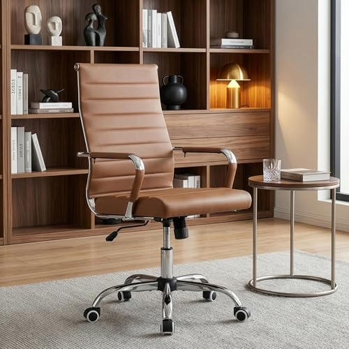 Okeysen Ergonomic Office Desk Chair, Ribbed Leather Modern Conference Room Chairs, Executive Adjustable Swivel Rolling Chair for Home & Office. - color: Ribbed Brown