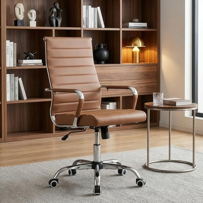 Okeysen Ergonomic Office Desk Chair, Ribbed Leather Modern Conference Room Chairs, Executive Adjustable Swivel Rolling Chair for Home & Office. - color: Ribbed Brown