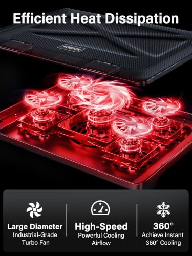 Kootek Laptop Cooling Pad Cooler Stand with 5 Quiet Fans for 12"-17" Laptop | 5 Fans, USB Powered, Laptop Cooling Stand with 2 USB Hub, 6 Adjustable Height, 360° Cooling Coverage, Anti-Slip, Red LED - color: Red