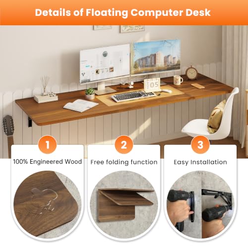 IAE Wall Mount Folding Desk,Floating Computer Desk for Small Spaces,Walnut | 60x22in engineered wood desktop with metal brackets, folds flat to save space in home office, apartment and laundry room - color: Walnut, size: 60"*22"
